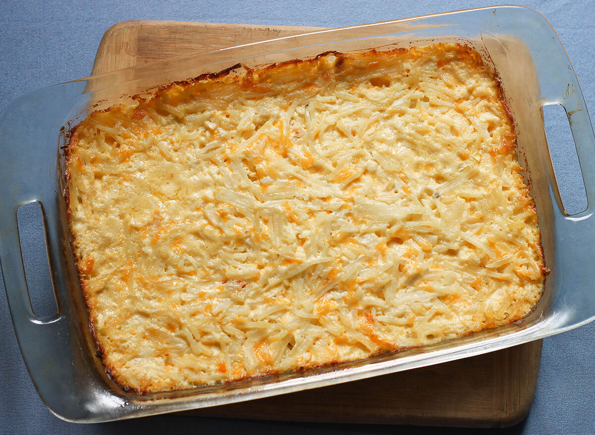 Finished hashbrown casserole on a table before serving