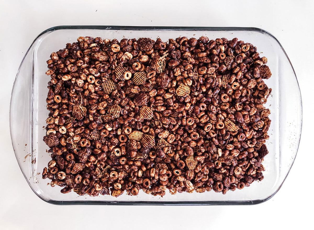 glass baking tray of chocolate cereal squares